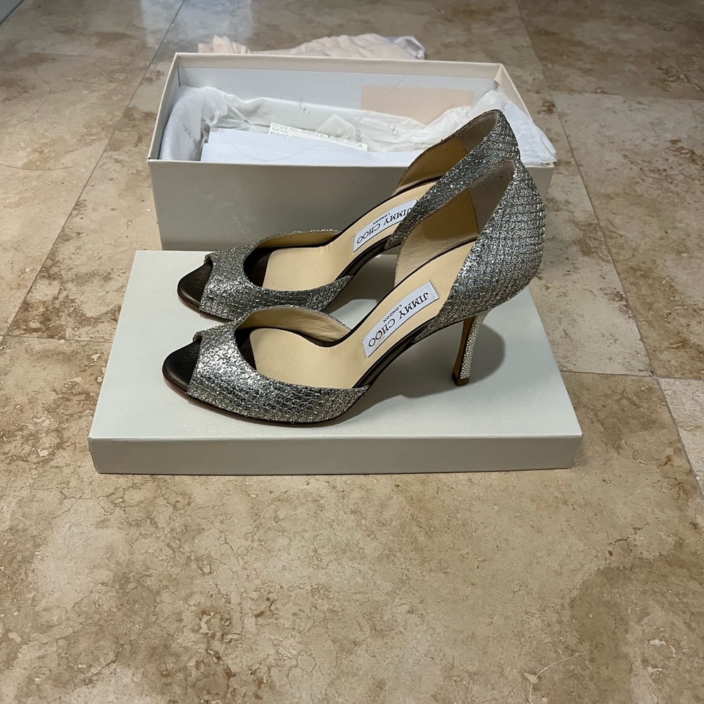 Jimmy Choo Shoes D'Orsay Pumps in Glitter Champagne Size 37 W/ Box & Bag